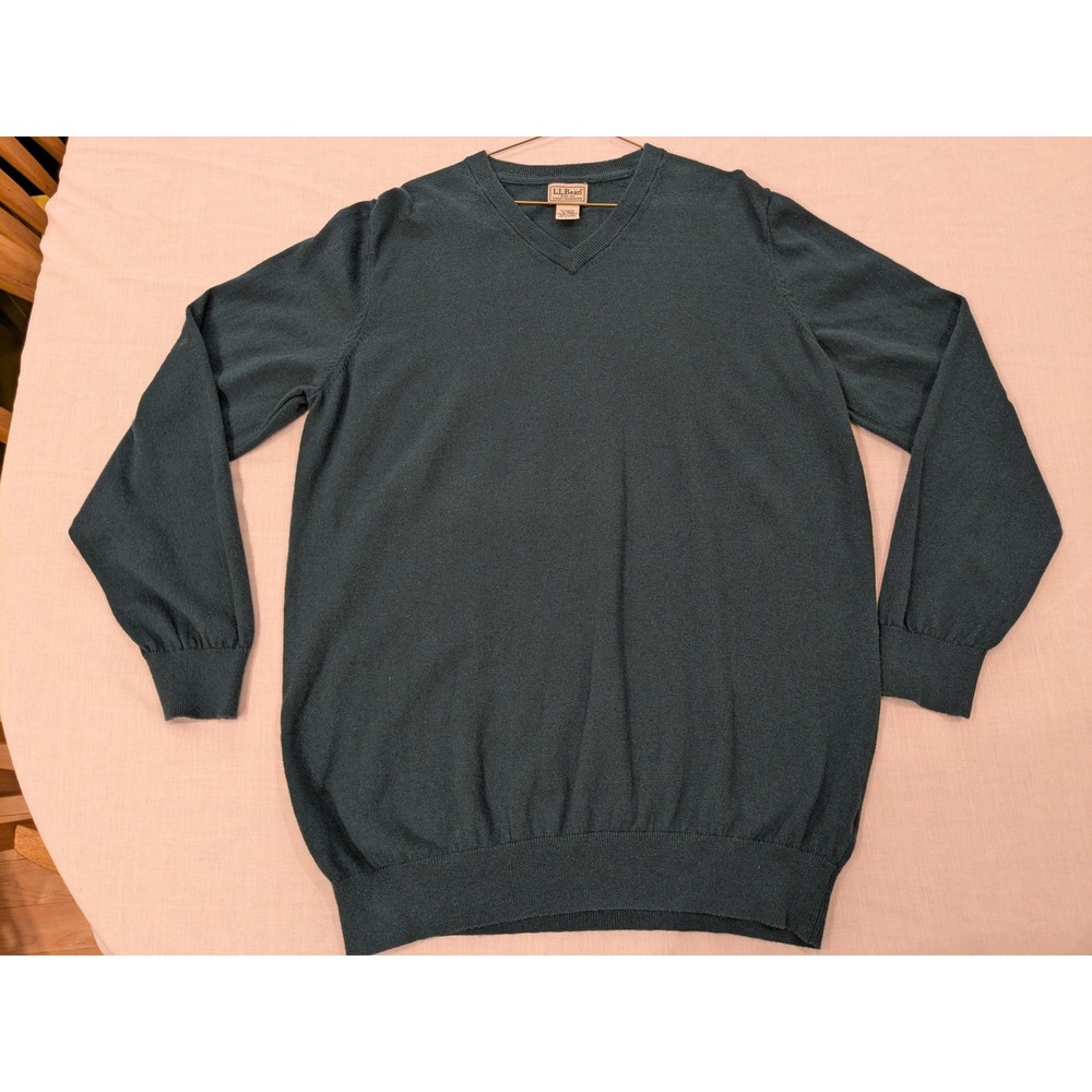 L.L.Bean Sweater Mens XL Tall Teal Green V Neck Cotton Cashmere Blend Pullover - Picture 9 of 14